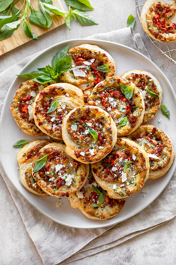 Sausage Pinwheels on a Platter | thecozyapron.com