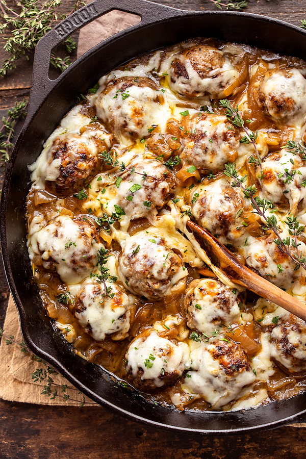 French Onion Meatballs in Skillet | thecozyapron.com