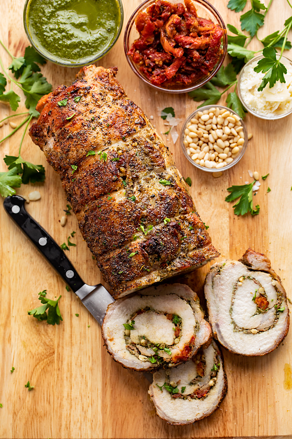 Stuffed Pork Loin on Cutting Board | thecozyapron.com