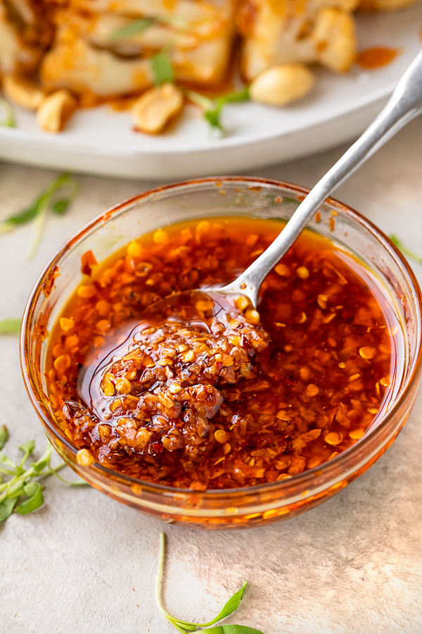 Ramekin of Chili Crisp for Chili Crisp Cauliflower | thecozyapron.com