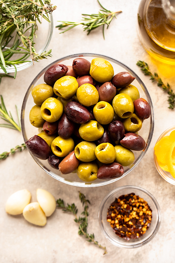 Ingredients for Marinated Olives | thecozyapron.com