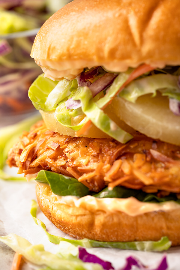 Close Up of Coconut Crunch Chicken Sandwich | thecozyapron.com