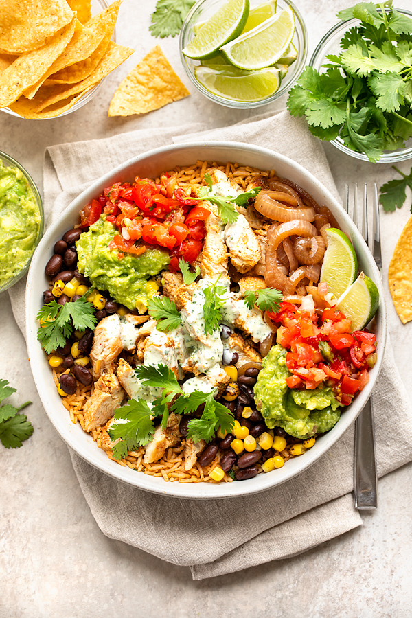 Chicken Burrito Bowl with Fixings | thecozyapron.com