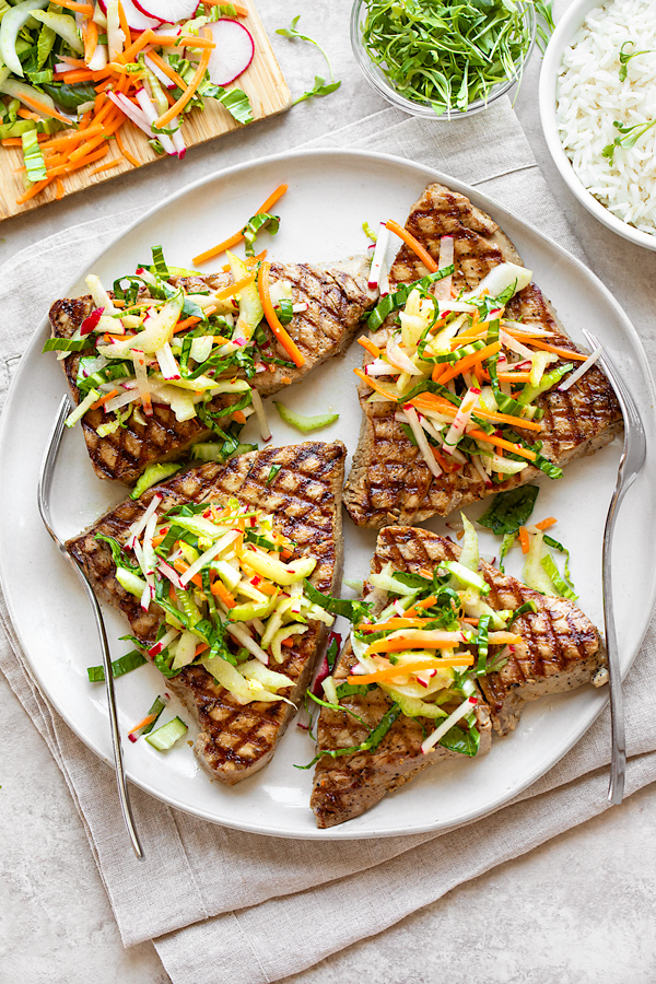 Grilled Tuna with Bok Choy Slaw on a Platter | thecozyapron.com