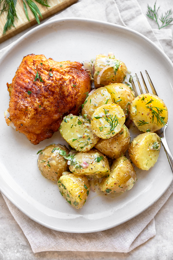 French Potato Salad with Roasted Chicken Thigh | thecozyapron.com