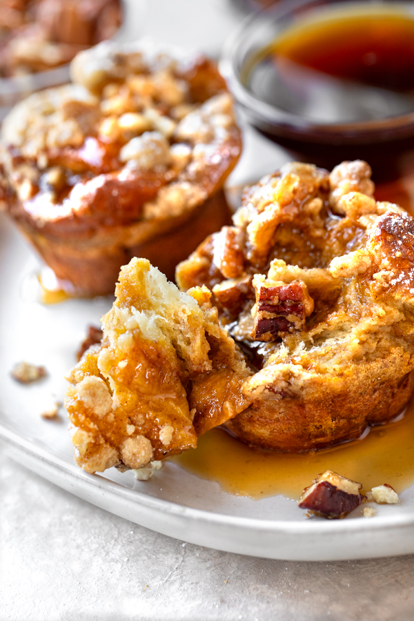 Interior of a Pumpkin French Toast Muffin with Syrup | thecozyapron.com