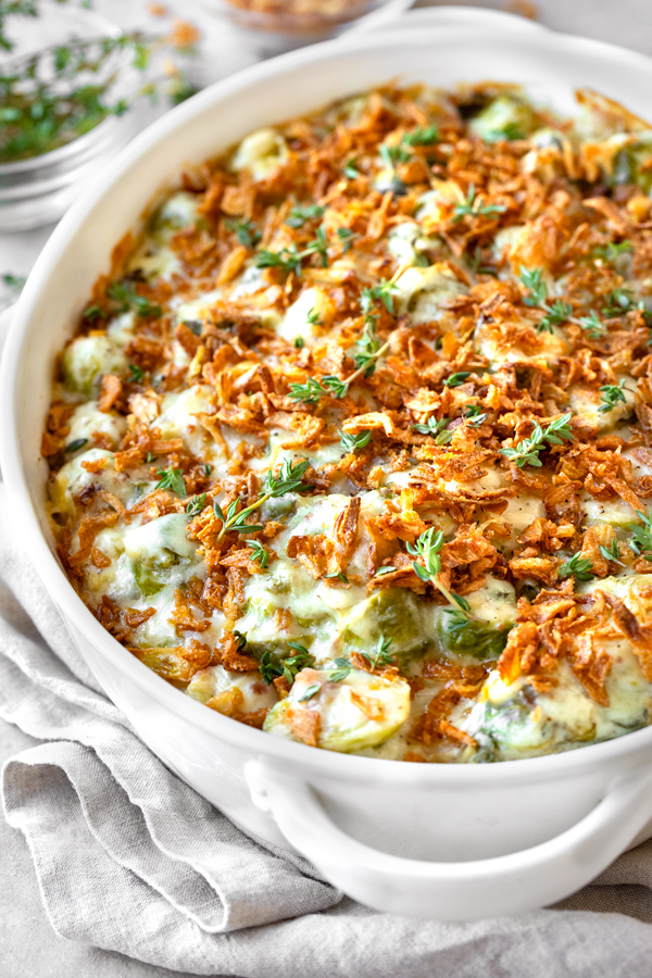 Cheesy Brussels Sprouts Casserole with Crispy-Fried Onions | thecozyapron.com
