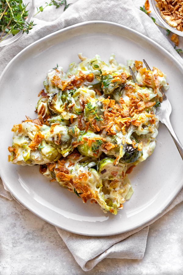 Cheesy Brussels Sprouts Casserole on a Plate | thecozyapron.com