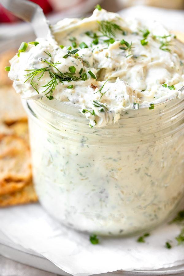 Garlic and Herb Cheese Spread in a Glass Jar | thecozyapron.com