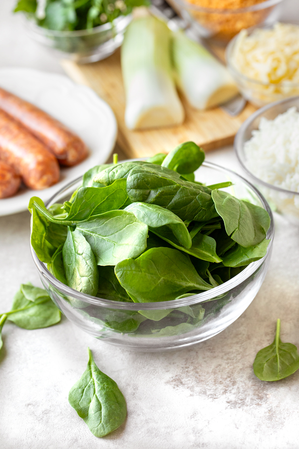 Ingredients for Spinach Gratin with Sausage and Rice | thecozyapron.com