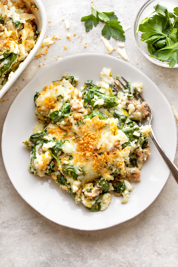 Spinach Gratin with Sausage and Rice on a Plate | thecozyapron.com