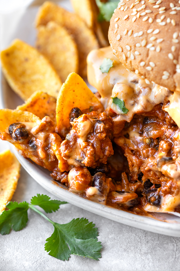 Corn Chips Dipped in Southwest Sloppy Joes Mixture | thecozyapron.com