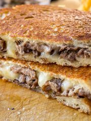 Steak and Mushroom Grilled Cheese sliced in half | thecozyapron.com