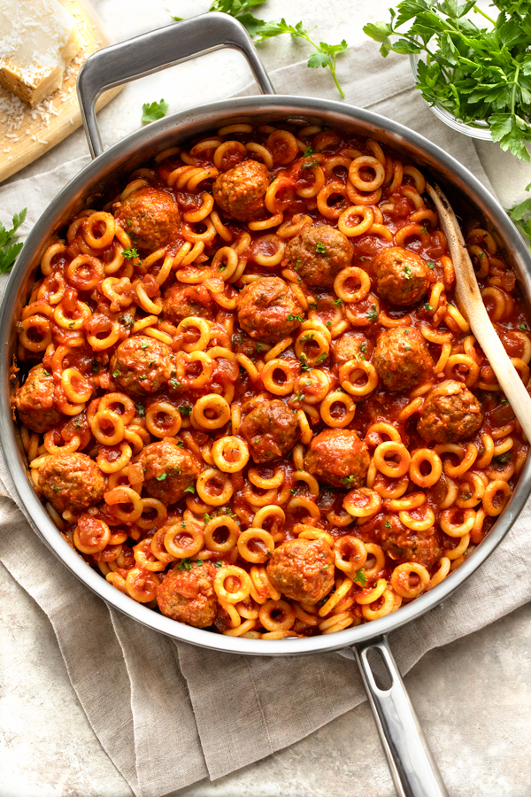 Homemade Spaghettios with Mini Meatballs in a Skillet | thecozyapron.com