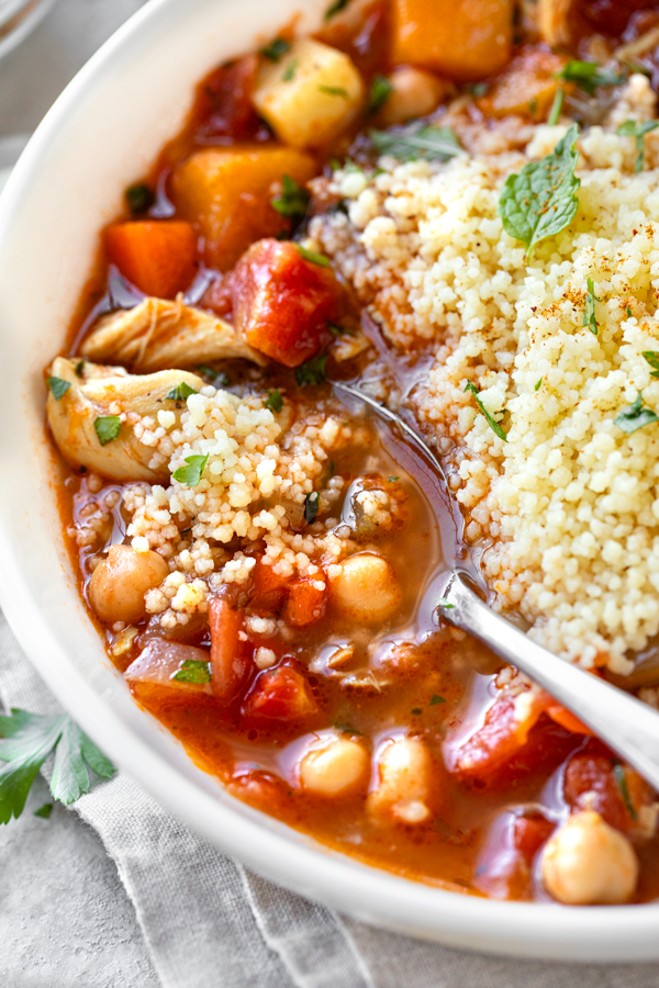 Closeup on a spoonful of Moroccan Chicken Soup | thecozyapron.com