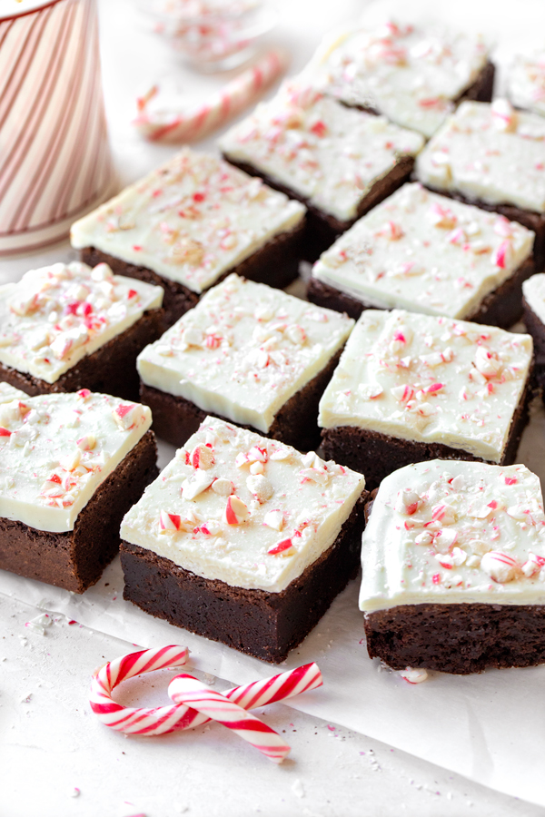 A batch of Peppermint Bark Brownies, freshly cut | thecozyapron.com