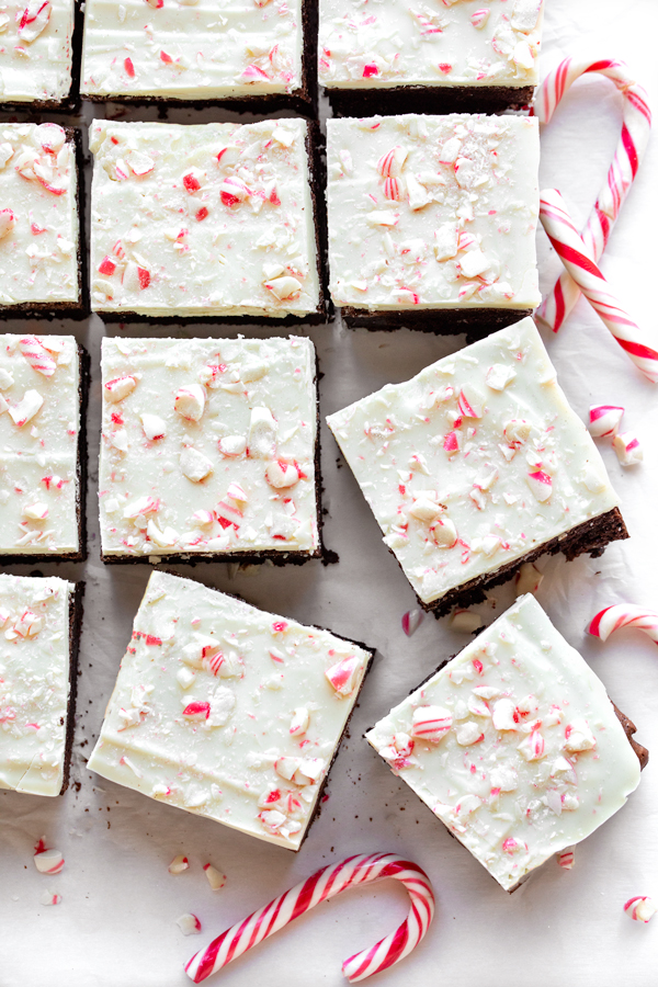 Over top of a batch of Peppermint Bark Brownies, freshly cut | thecozyapron.com