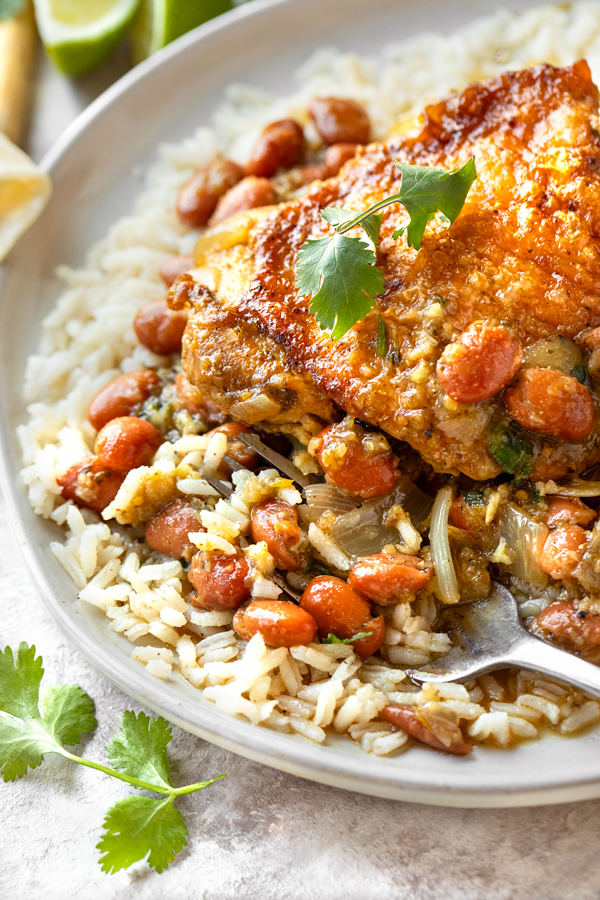 Closeup on Salsa Verde Chicken with Beans over Rice | thecozyapron.com