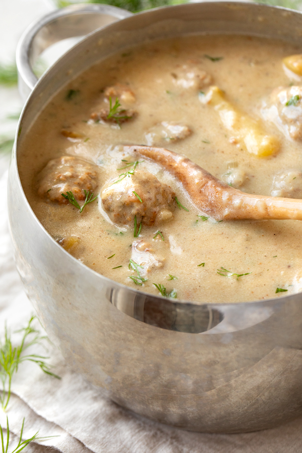 A hot pot of Swedish Meatball Soup | thecozyapron.com