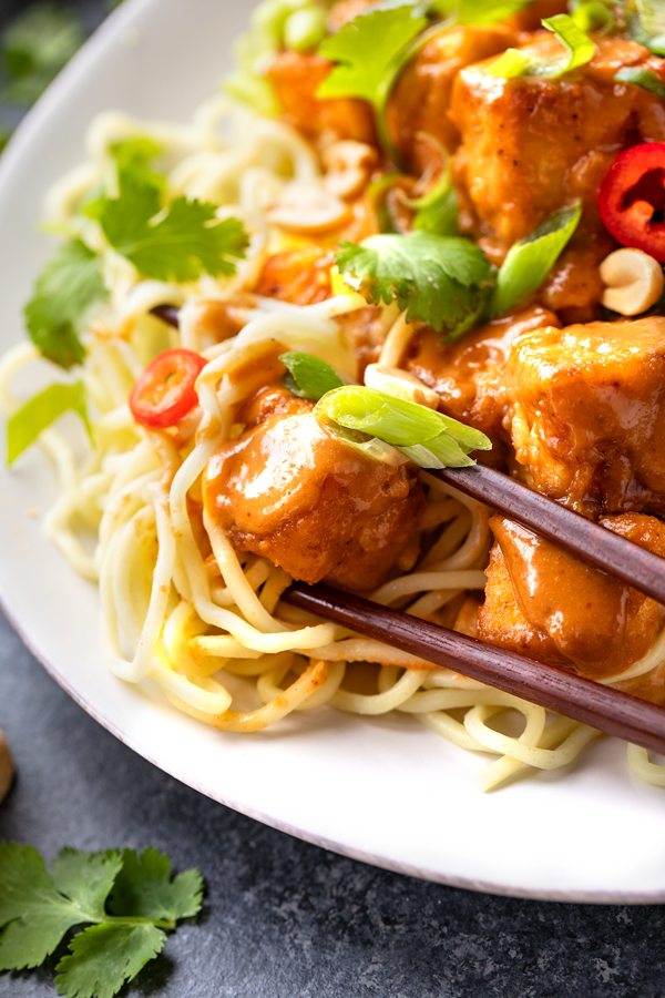 Closeup on a piece of Crispy Tofu with Spicy Peanut Sauce | thecozyapron.com