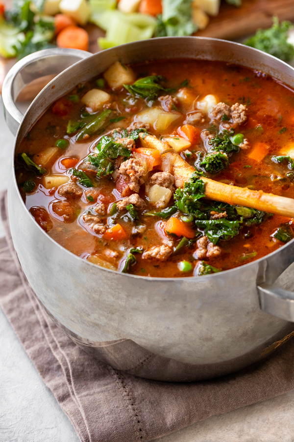 Easy Vegetable Beef Soup in a soup pot | thecozyapron.com