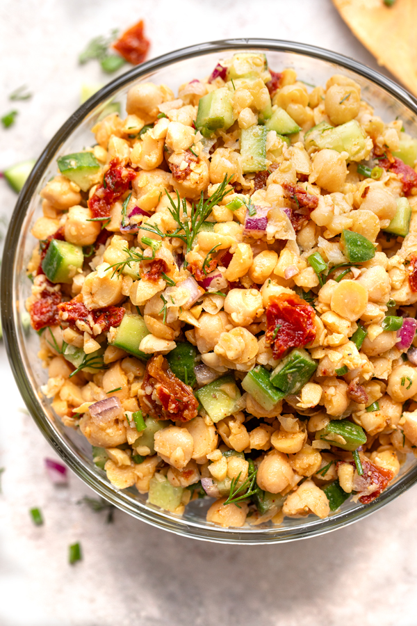 A large bowl of Vegan Chickpea Salad | thecozyapron.com