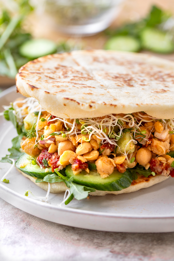 Closeup on a Vegan Chickpea Salad sandwich | thecozyapron.com