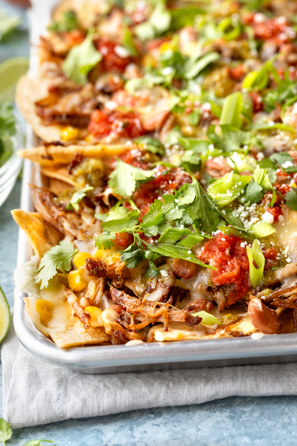 Pulled Pork Nachos on a Sheet Pan, fresh out of the oven | thecozyapron.com