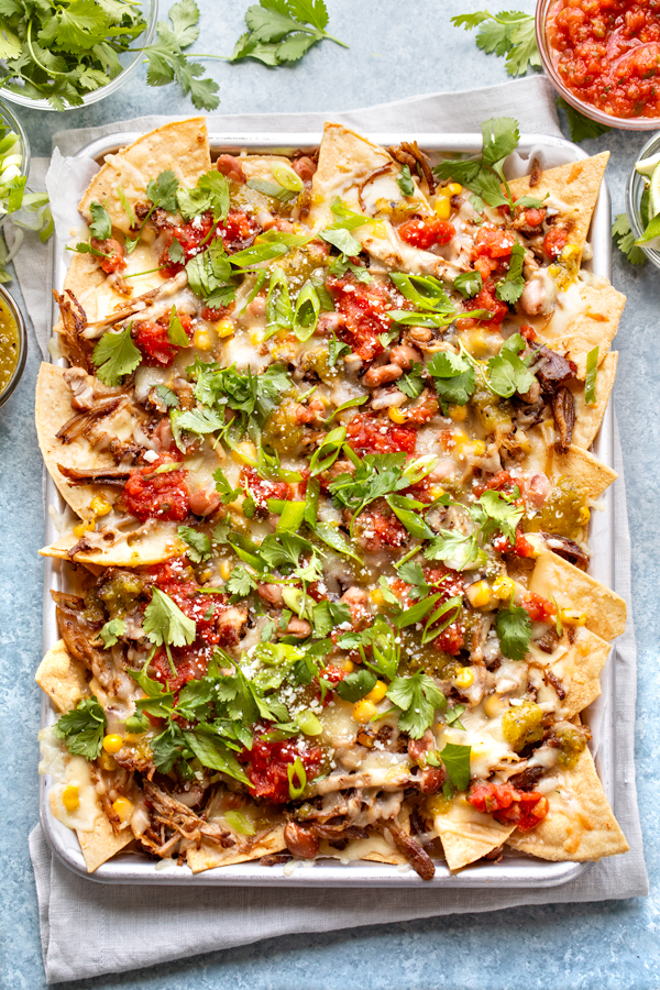 Pulled Pork Nachos on a Sheet Pan, fresh out of the oven | thecozyapron.com