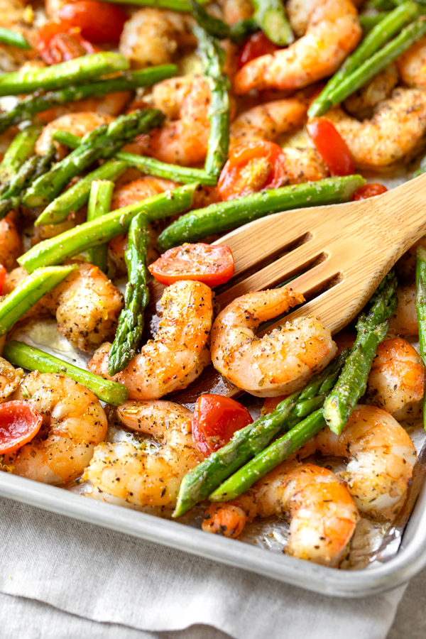Closeup on Sheet Pan Shrimp fresh out of the oven | thecozyapron.com