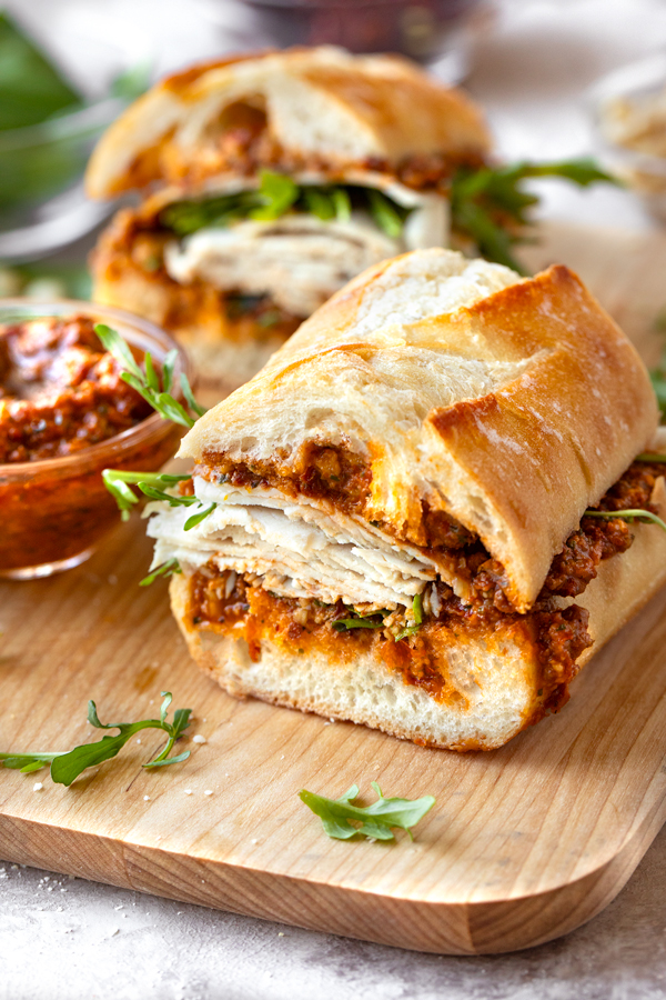 Sun Dried Tomato Pesto on a gourmet turkey sandwich | thecozyapron.com