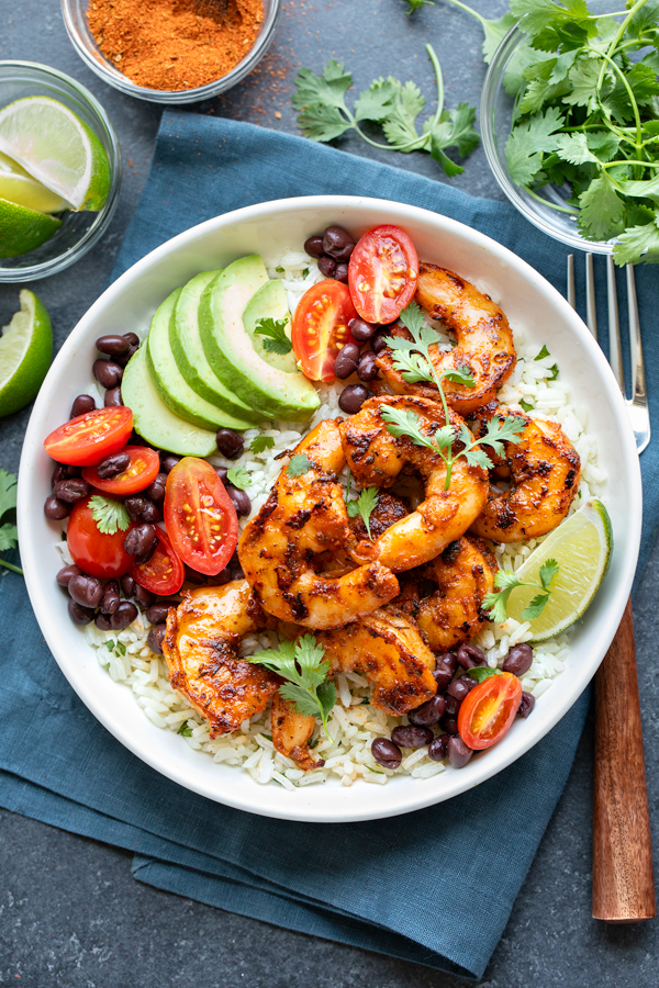 Blackened Shrimp Bowl topped with fresh cilantro | thecozyapron.com