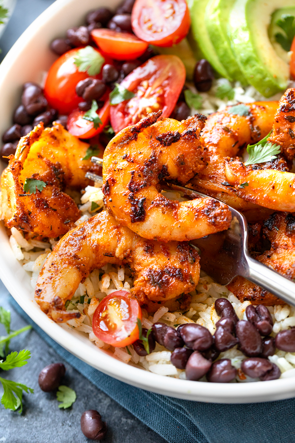 Closeup on a Blackened Shrimp Bowl topped with fresh cilantro | thecozyapron.com