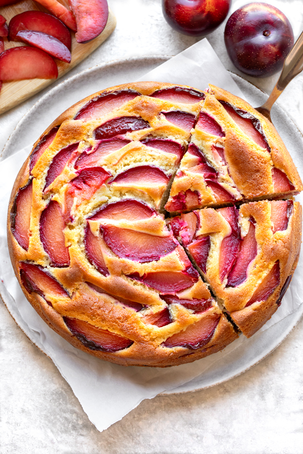 A beautiful overhead view of homemade Plum Cake | thecozyapron.com