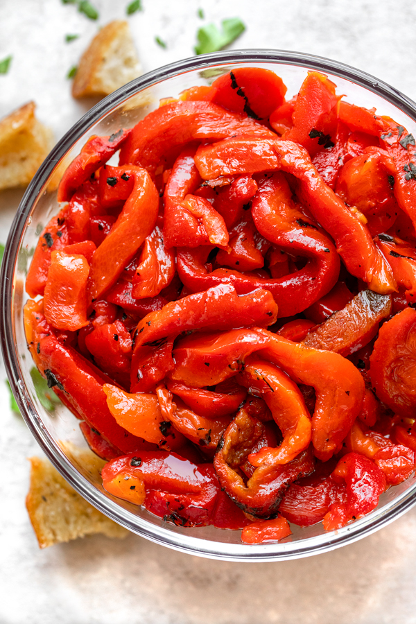A bowl of roasted red peppers for Roasted Red Pepper and Tomato Soup | thecozyapron.com