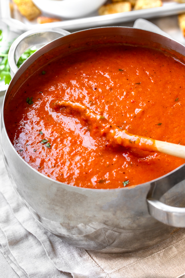 A fresh pot of Roasted Red Pepper and Tomato Soup | thecozyapron.com
