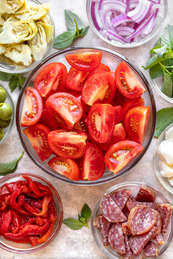 Fresh ingredients for the Antipasto Salad recipe | thecozyapron.com