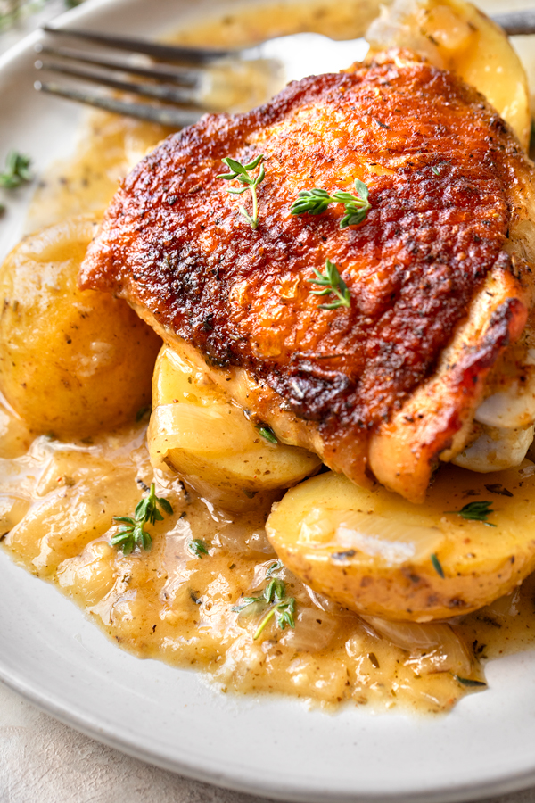 Closeup on a serving of Saucy Chicken and Potatoes | thecozyapron.com