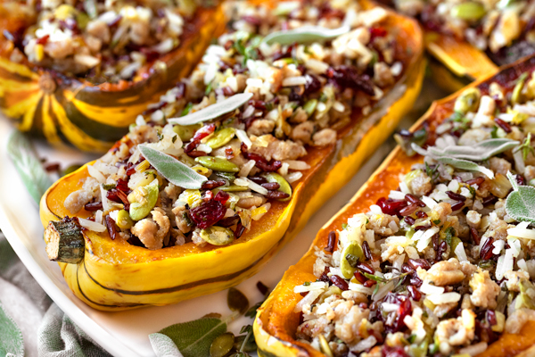 Stuffed Delicata Squash on a roasting pan | thecozyapron.com