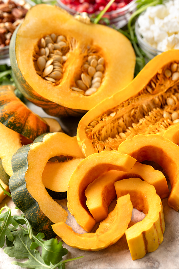 Beautiful fresh squash alongside other Ingredients for Roasted Squash Salad | thecozyapron.com
