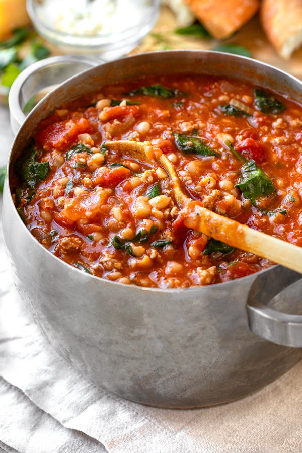 Tomato and White Bean Soup in Pot| thecozyapron.com
