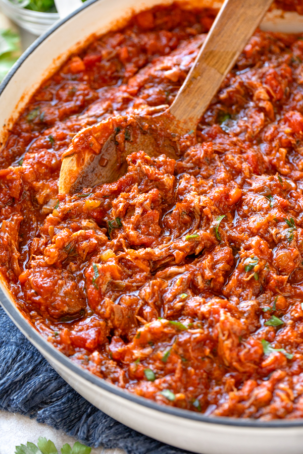 Closeup on Pork Ragu in a Pan | thecozyapron.com