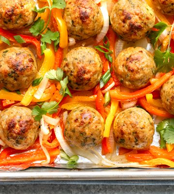 Chicken Meatballs with Peppers and Onions | thecozyapron.com