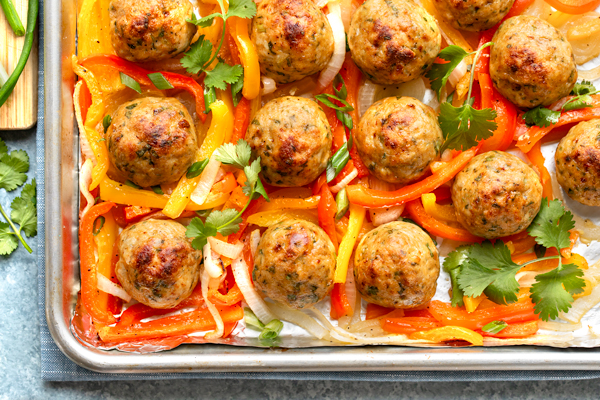 Chicken Meatballs with Peppers and Onions