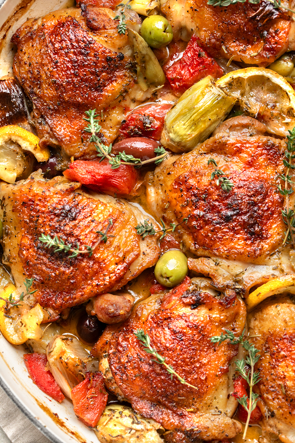 An overhead, closeup shot of Chicken Provencal, fresh out of the oven | thecozyapron.com