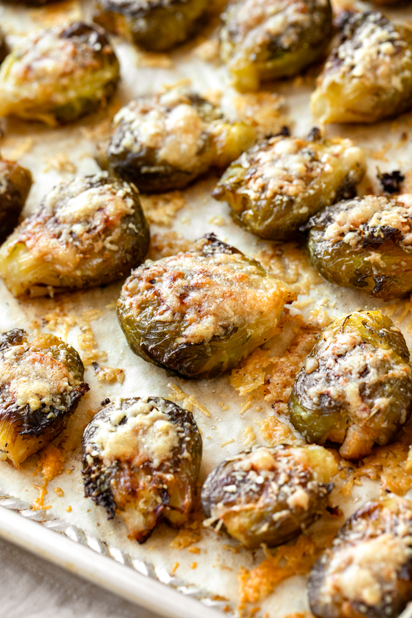 Smashed Brussels Sprouts on a sheet pan, fresh out of the oven | thecozyapron.com