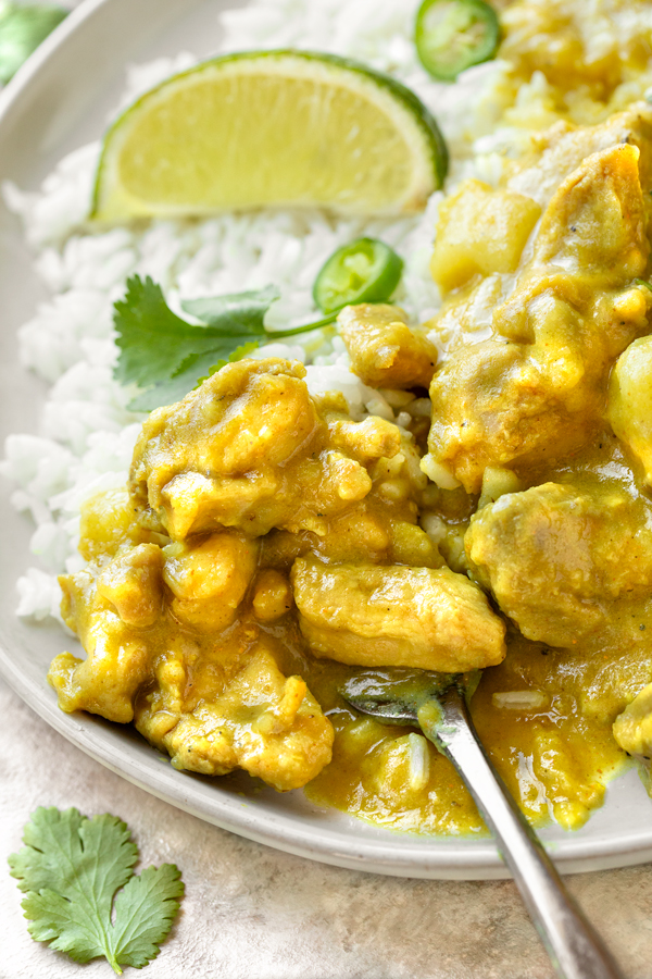 Closeup on a forkful of Coconut Curry Chicken with rice | thecozyapron.com