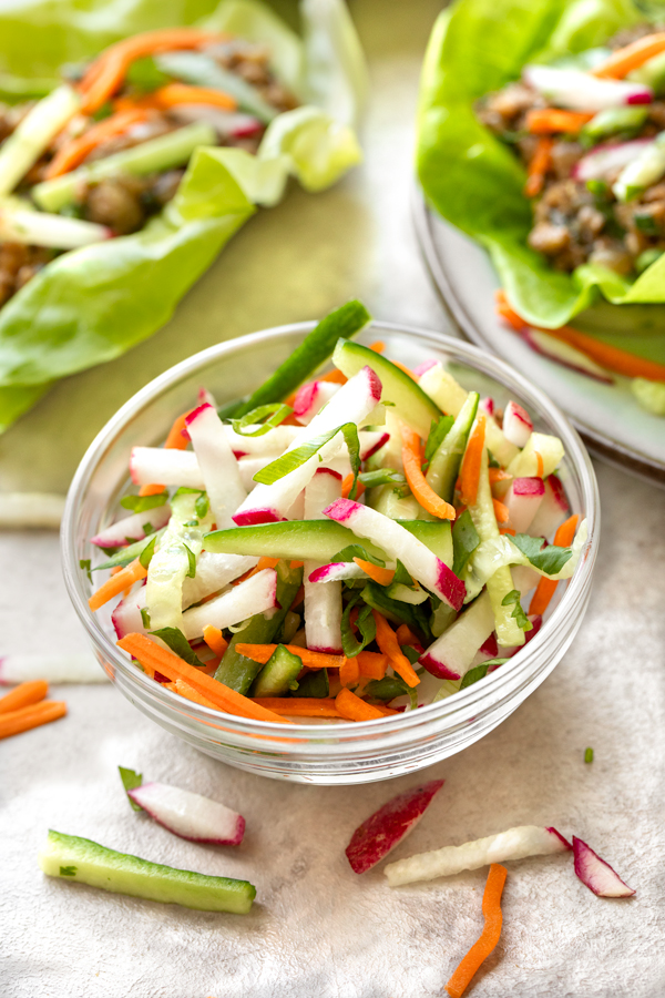 A ramekin of radish slaw for Pork Lettuce Wraps | thecozyapron.com