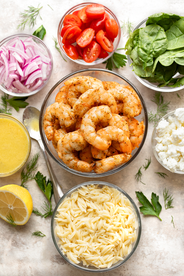 Ingredients for Shrimp and Orzo Salad | thecozyapron.com