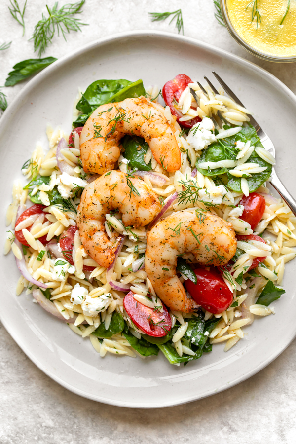 Overhead shot on a serving of Shrimp and Orzo Salad | thecozyapron.com